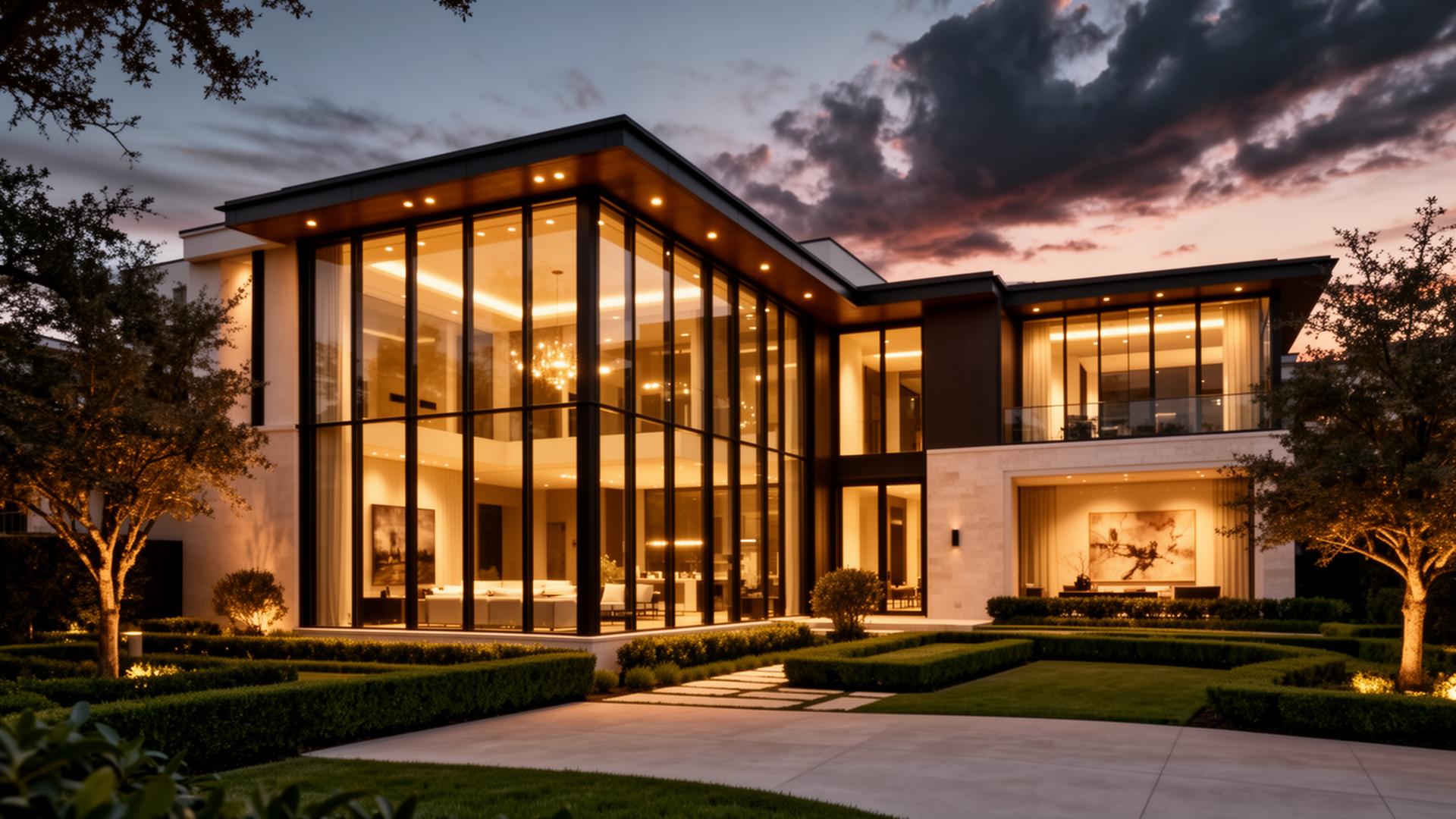 Modern luxury Houston home at dusk