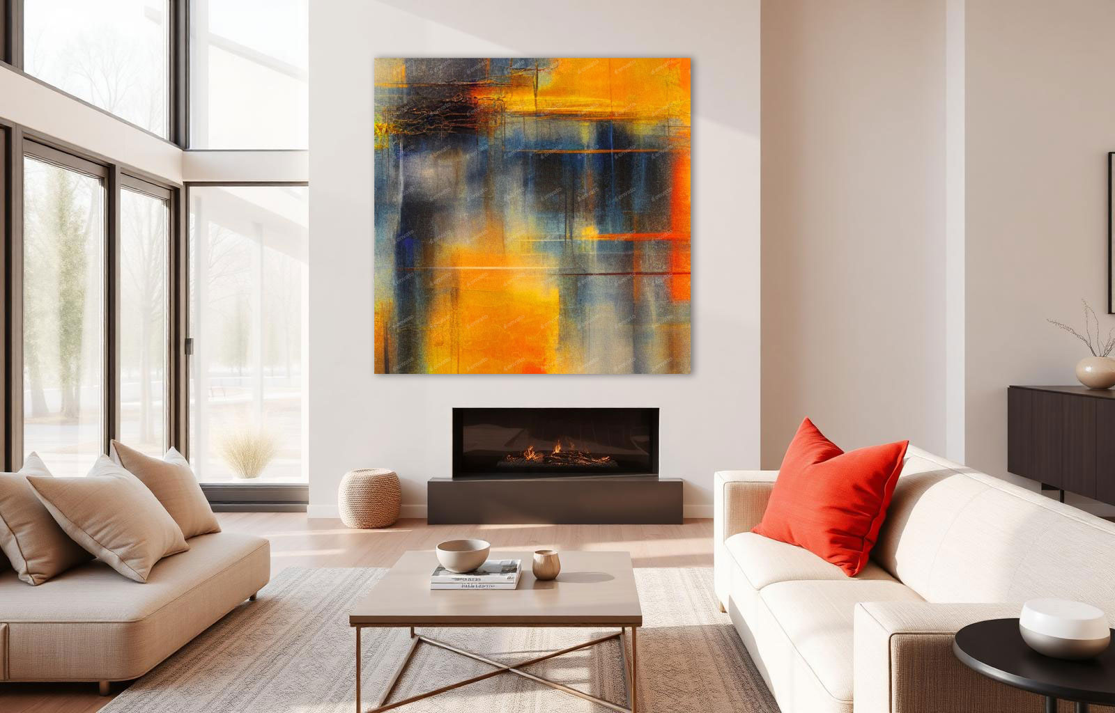 Modern living room with smart thermostat